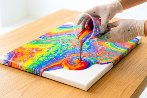 coulée acrylique arc en ciel sur toile