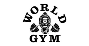 world gym ape bodybuilder sitting on globe logo