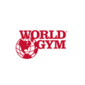 logo world gym rouge : globe et silhouette musclée
