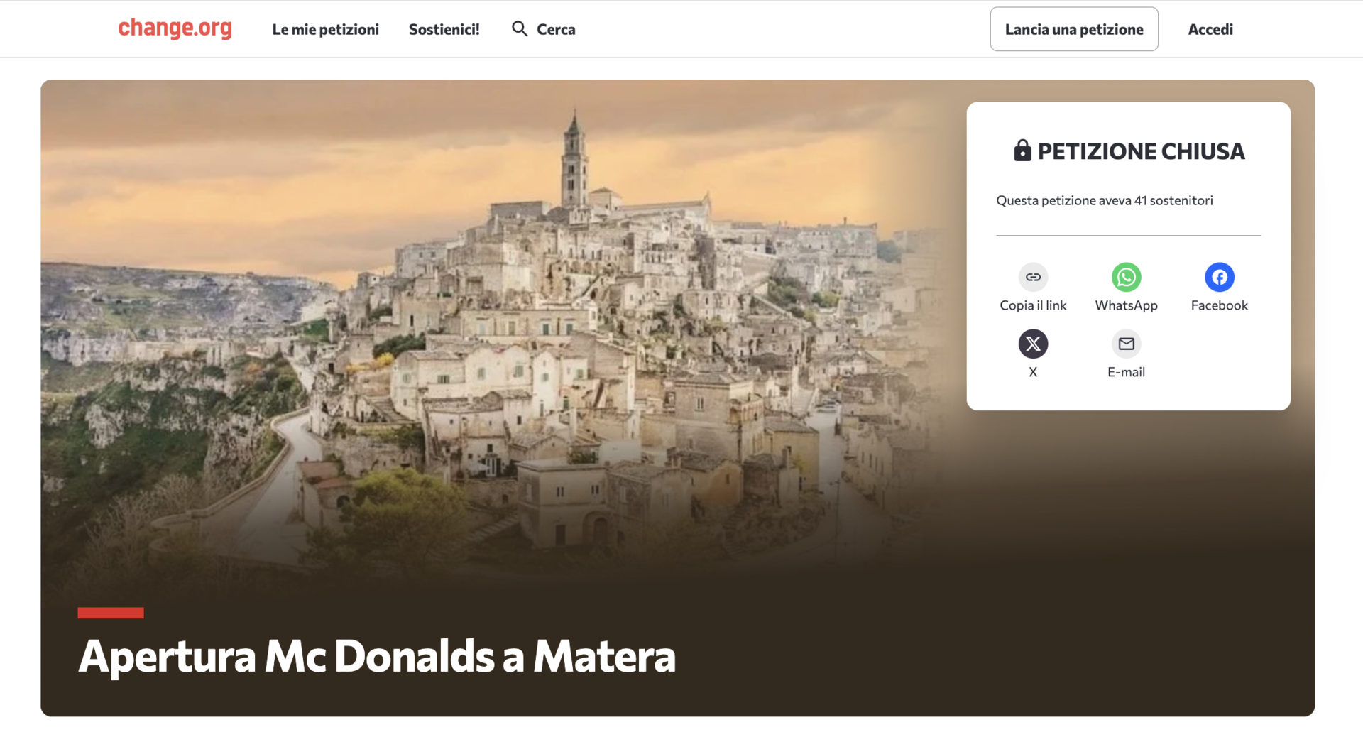 petizione chiusa: apertura mcdonalds a matera