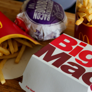 mcdonalds big mac mit pommes auf holztisch