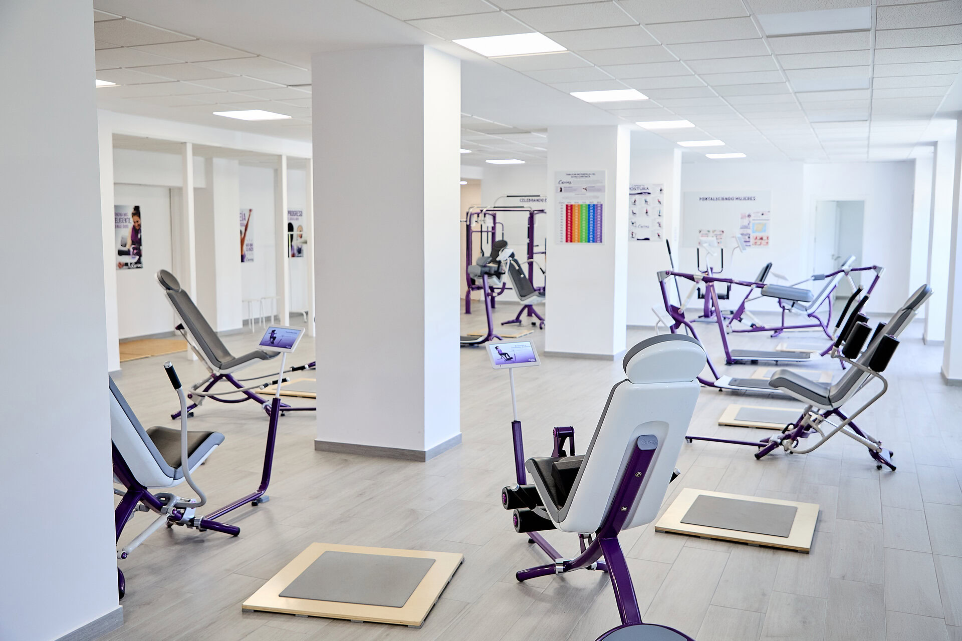 sala di riabilitazione moderna con attrezzi viola