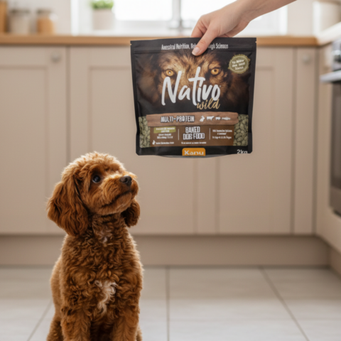 curly brown dog gazing at nativo wild dog food