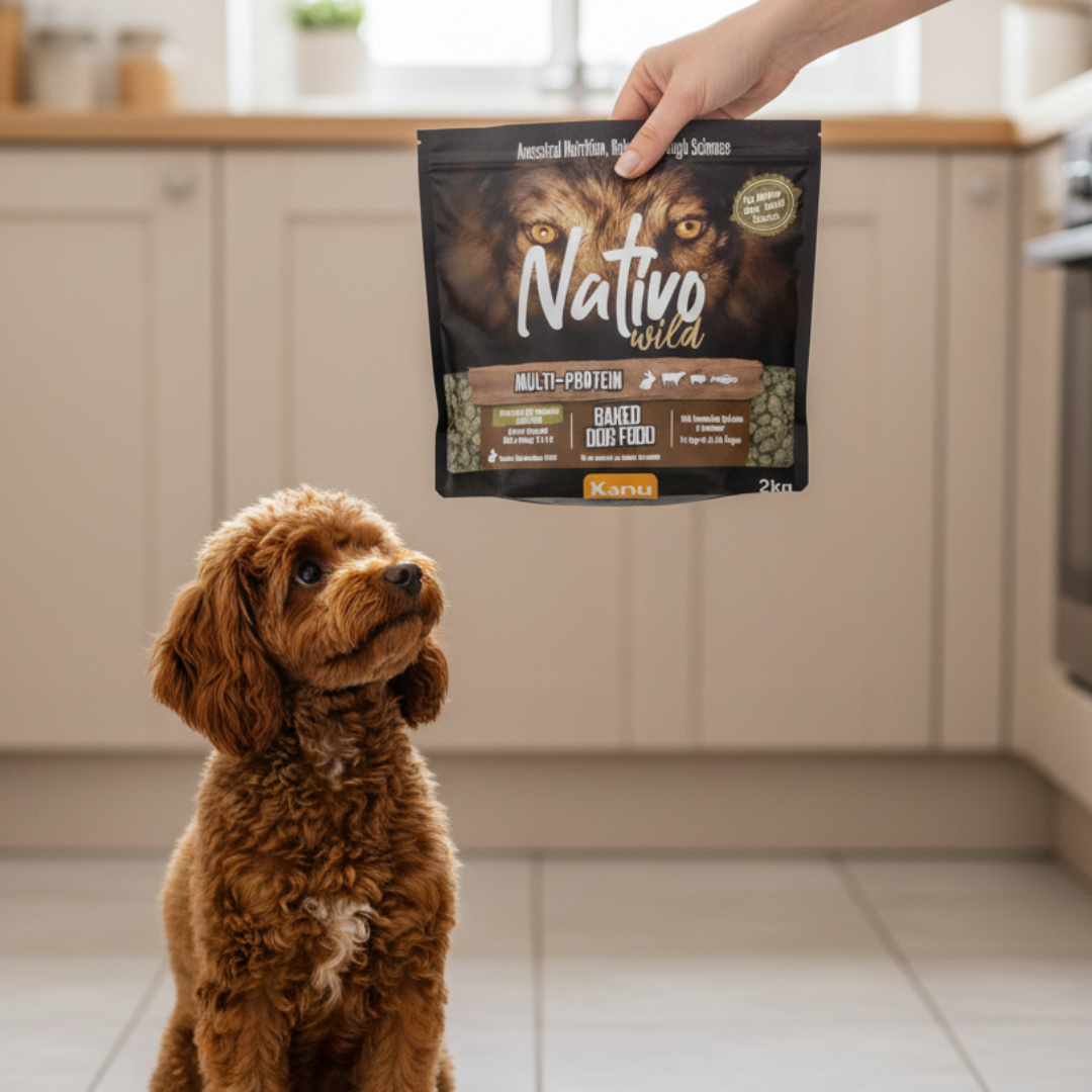curly brown dog gazing at nativo wild dog food