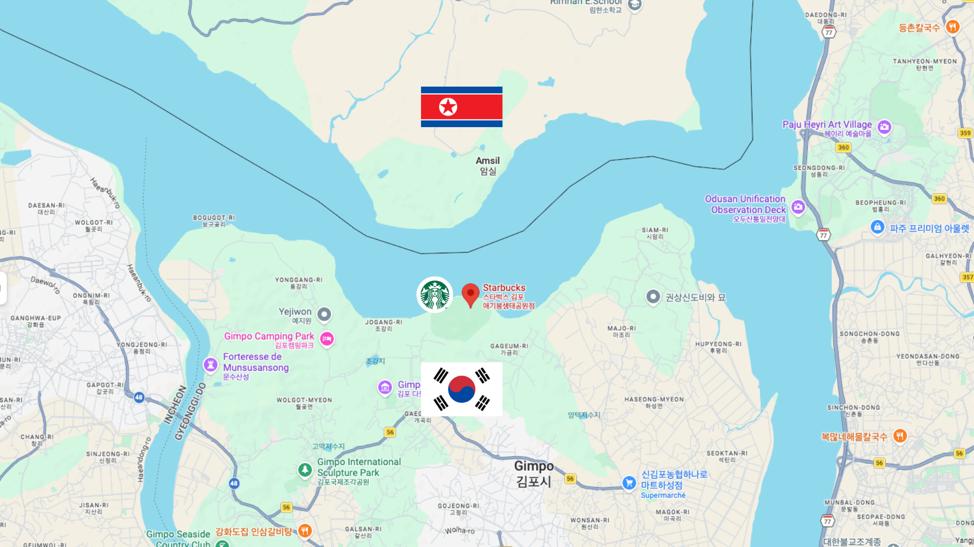 rivière han, frontière gimpo–paju : drapeaux et observatoires