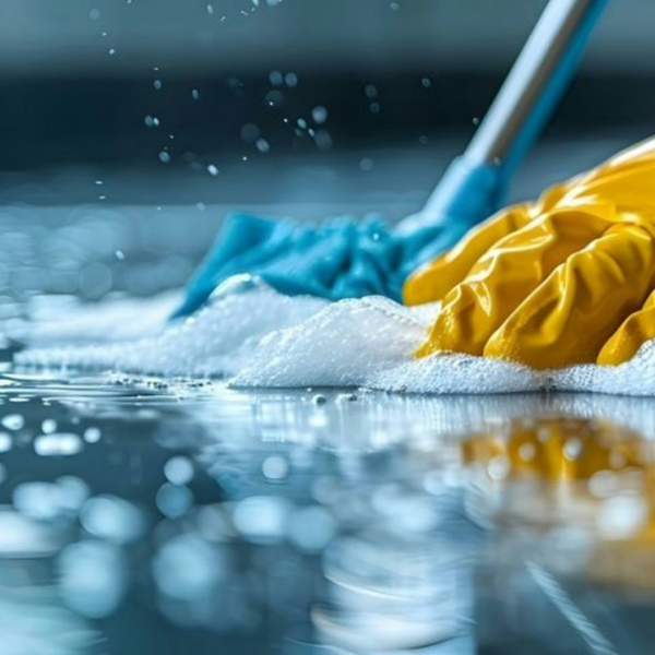 yellow glove scrubbing soapy reflective floor