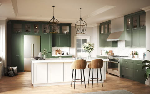 cocina elegante con isla de mármol y verde oliva