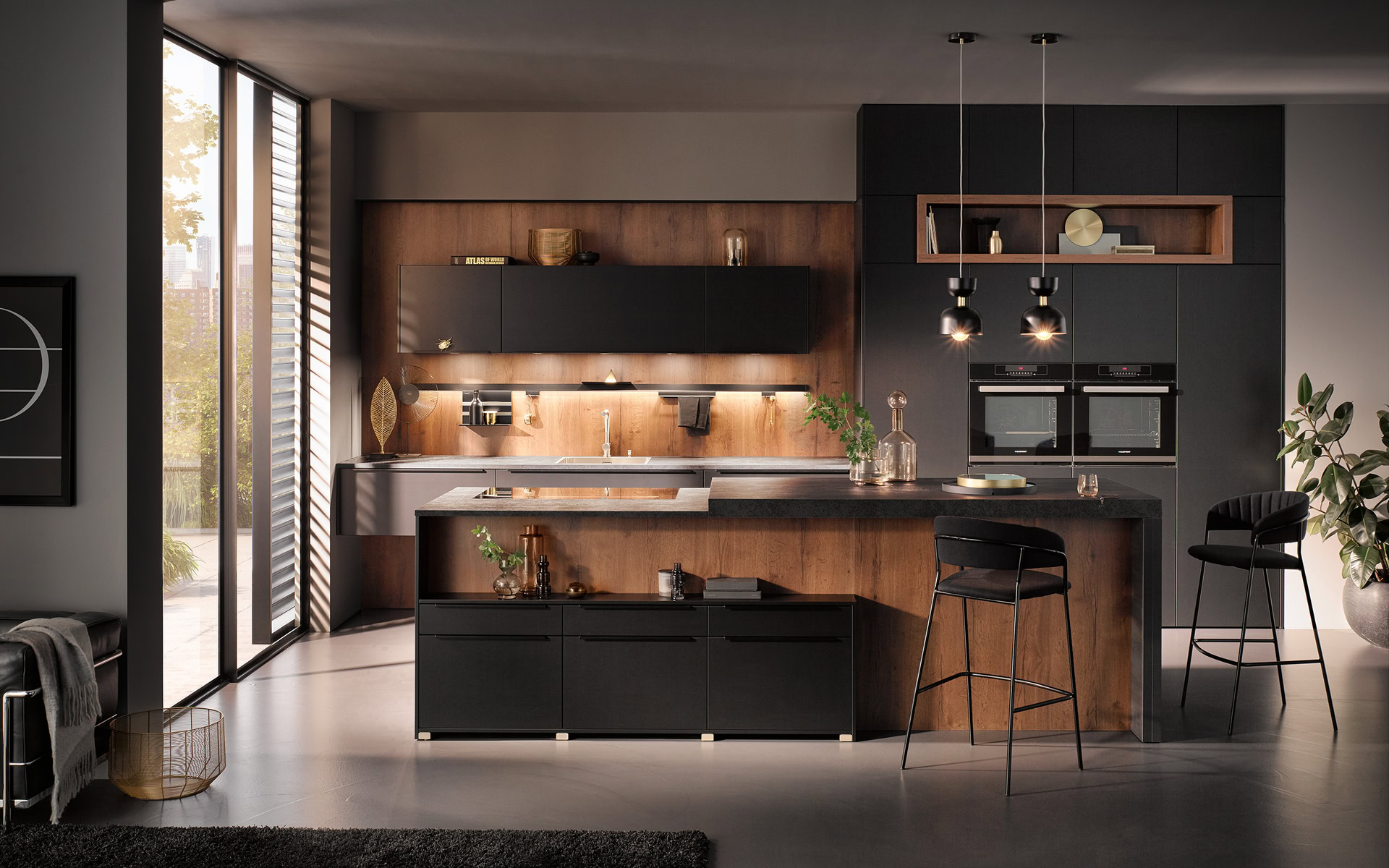 cocina moderna con isla negra y madera