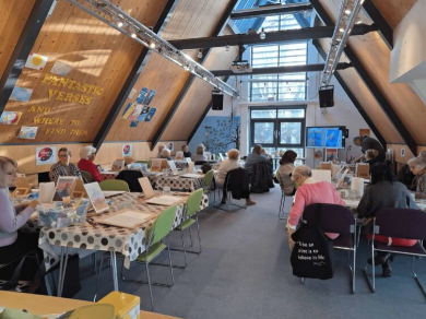 community painting workshop in sunlit a frame loft