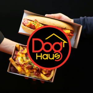 dog haus sausage sandwich with loaded cheese fries