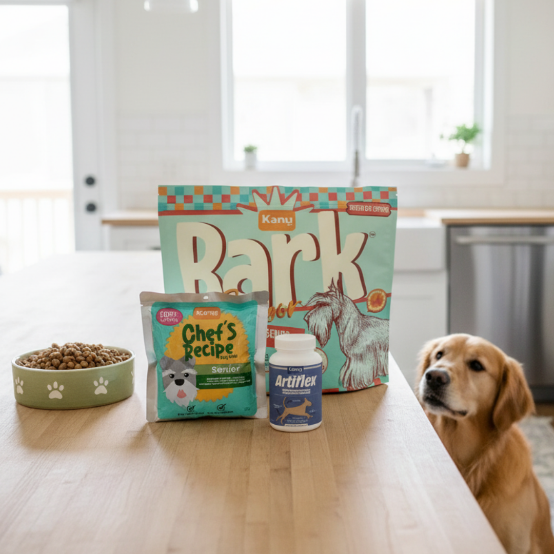 golden retriever awaiting kibble on kitchen island