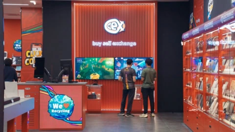 bright electronics store with gaming displays