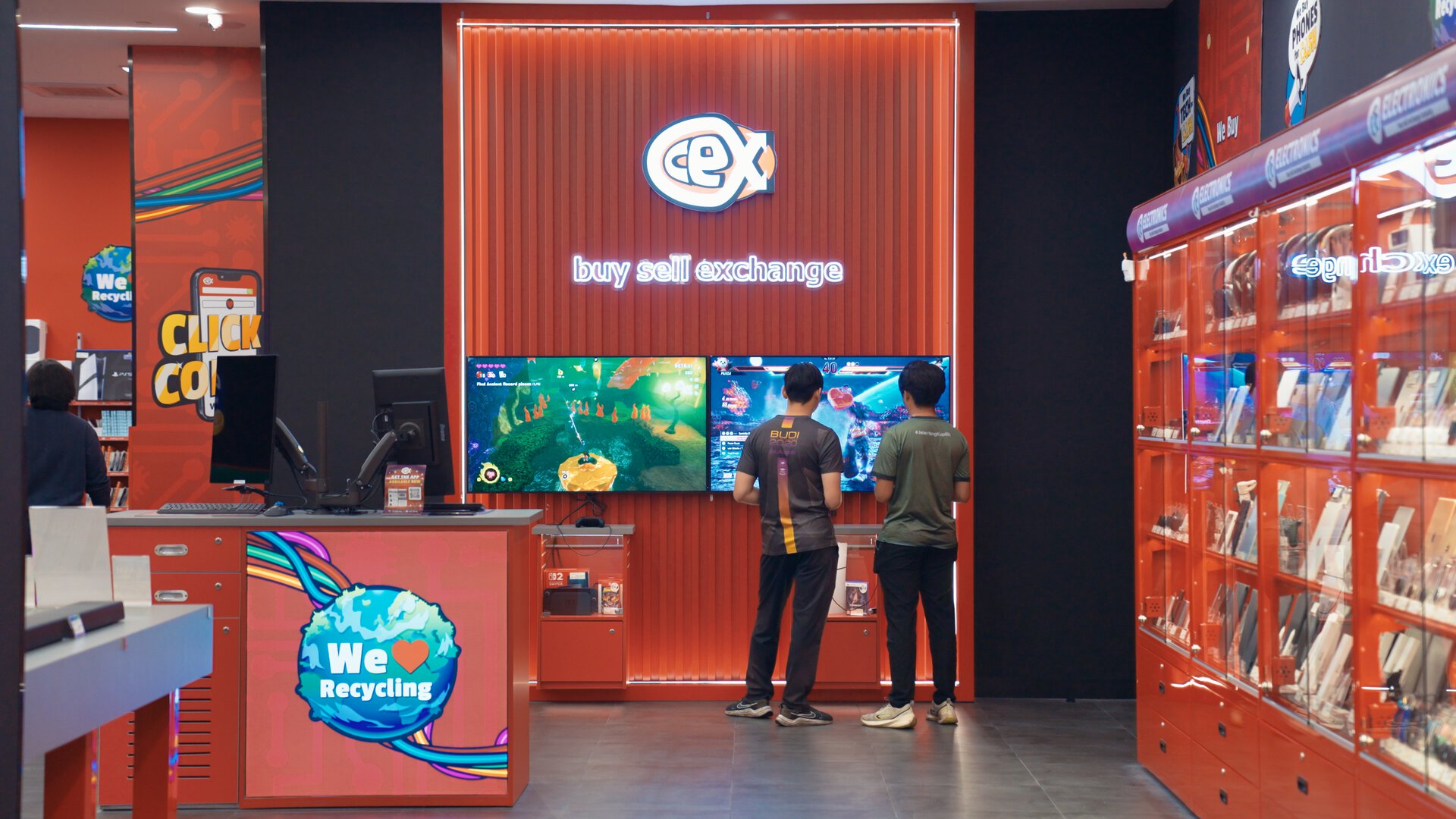 bright electronics store with gaming displays