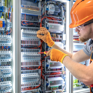 elektriker prüft schaltschrank mit kabeln und sicherungen