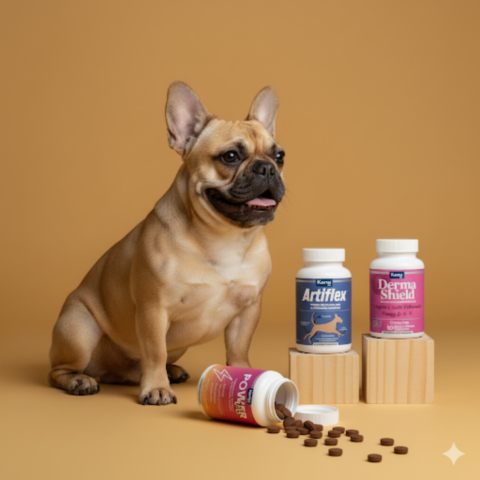 fawn french bulldog and spilled supplement tablets