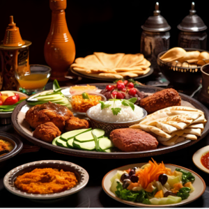 orientalisches festmahl mit reis, fladenbrot und saucen