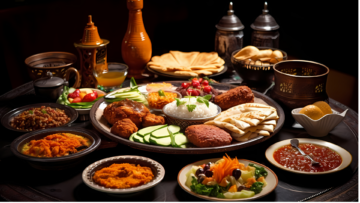 orientalisches festmahl mit reis, fladenbrot und saucen