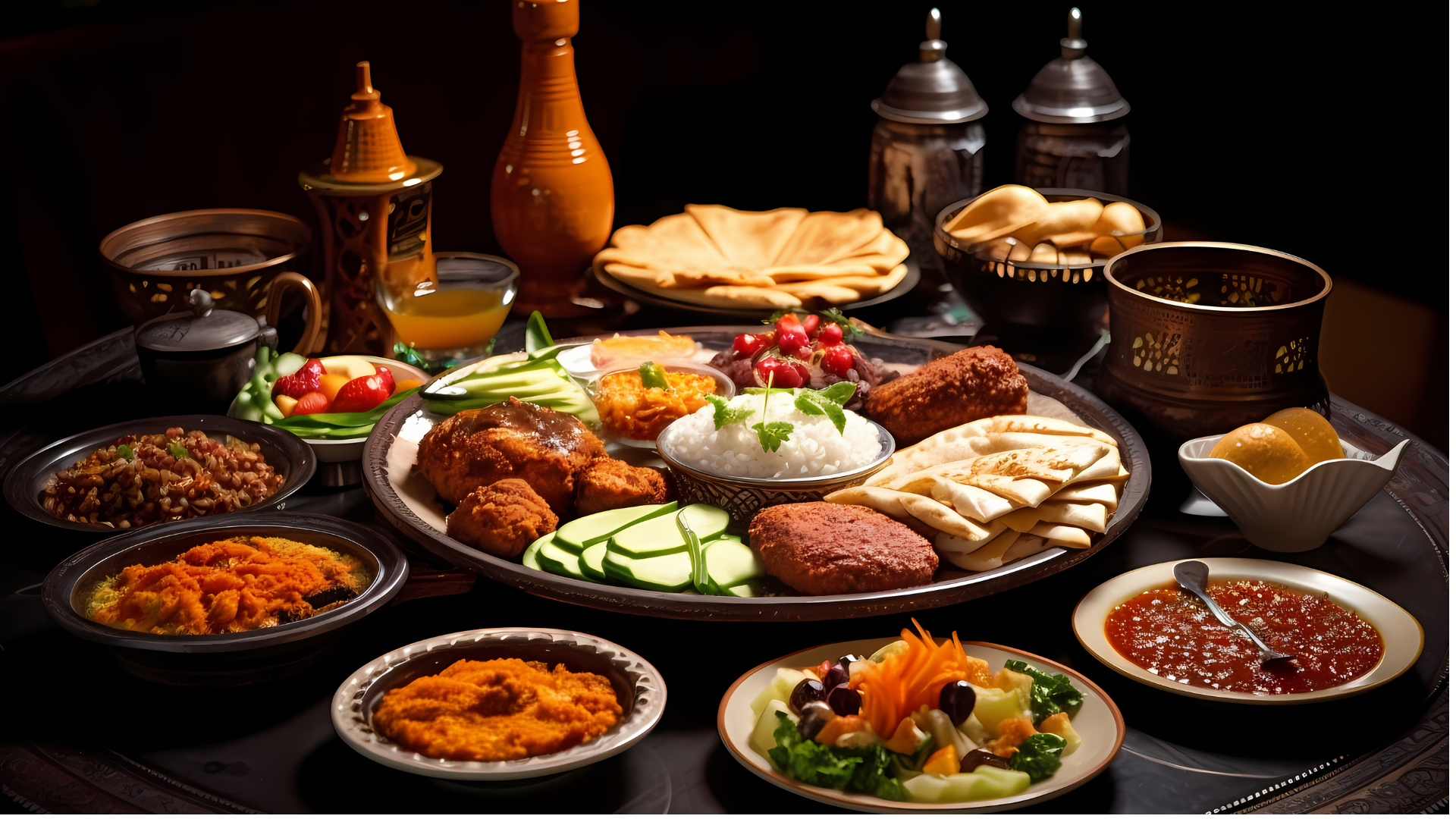 orientalisches festmahl mit reis, fladenbrot und saucen