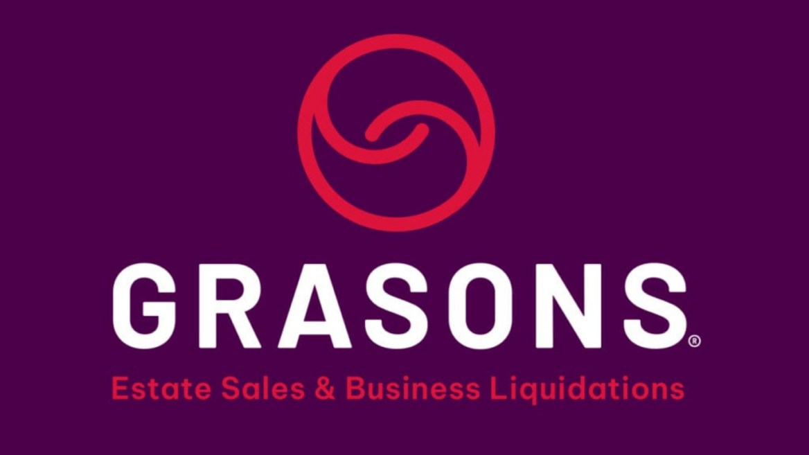 grasons estate sales logo: coral emblem on plum