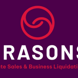 grasons estate sales logo: coral emblem on plum