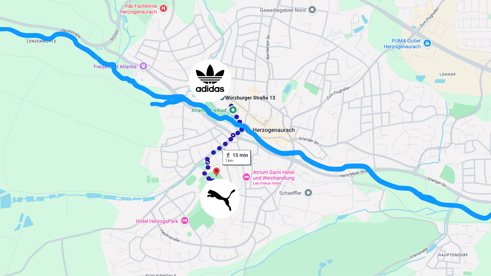 herzogenaurach : 1 km à pied entre adidas et puma