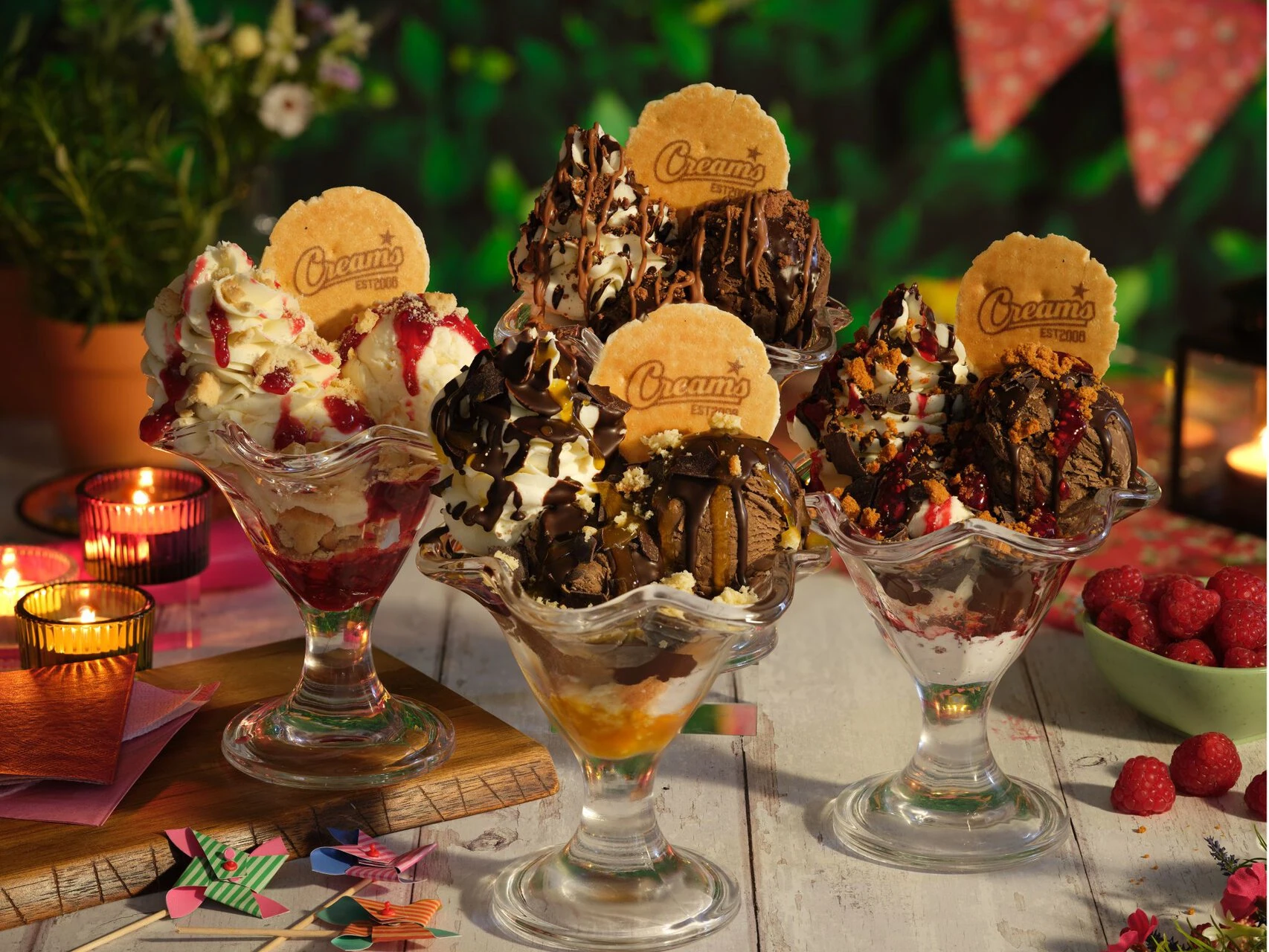decadent chocolate and raspberry ice cream sundaes