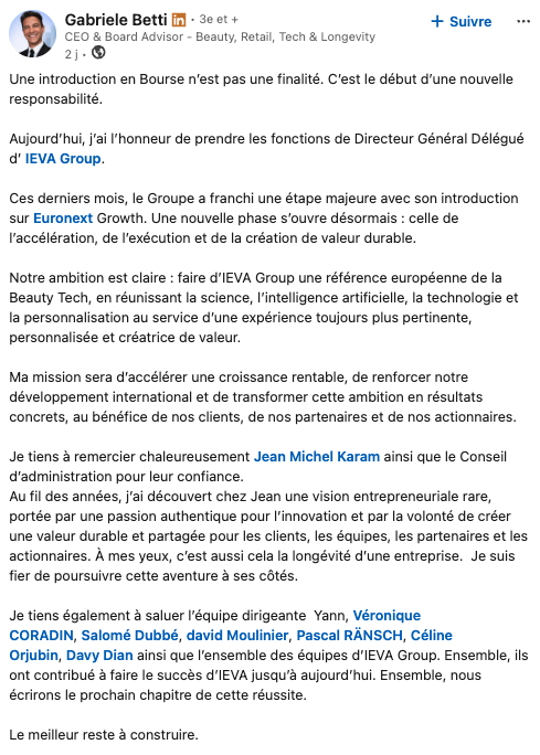 post linkedin de gabriele betti sur ieva group et beauty tech