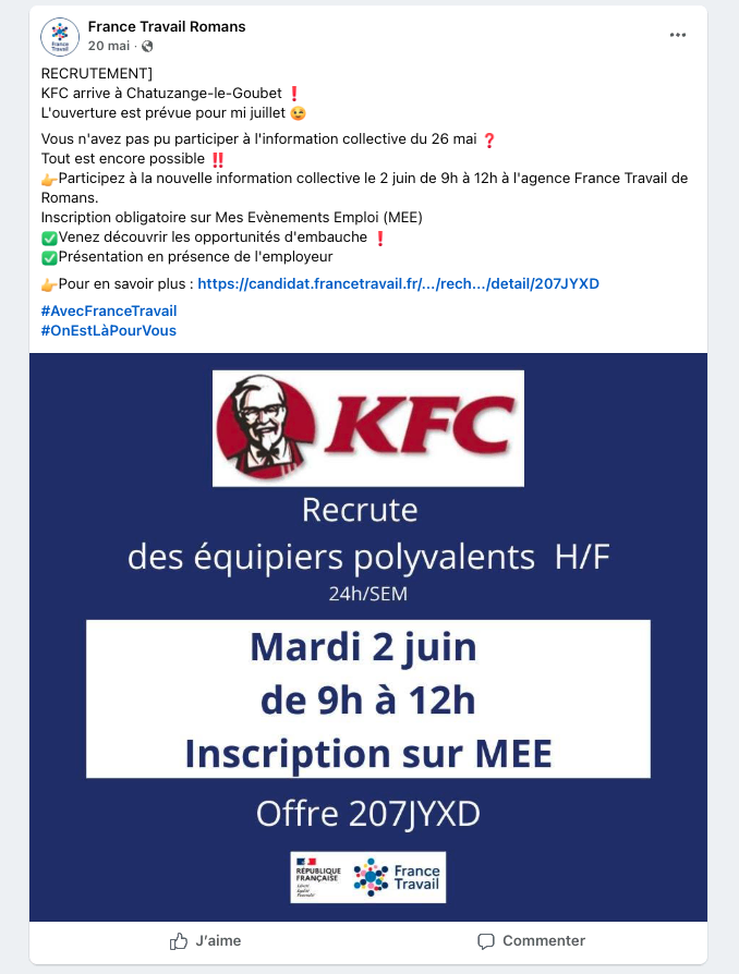 kfc recrute à chatuzange‑le‑goubet – info 2 juin