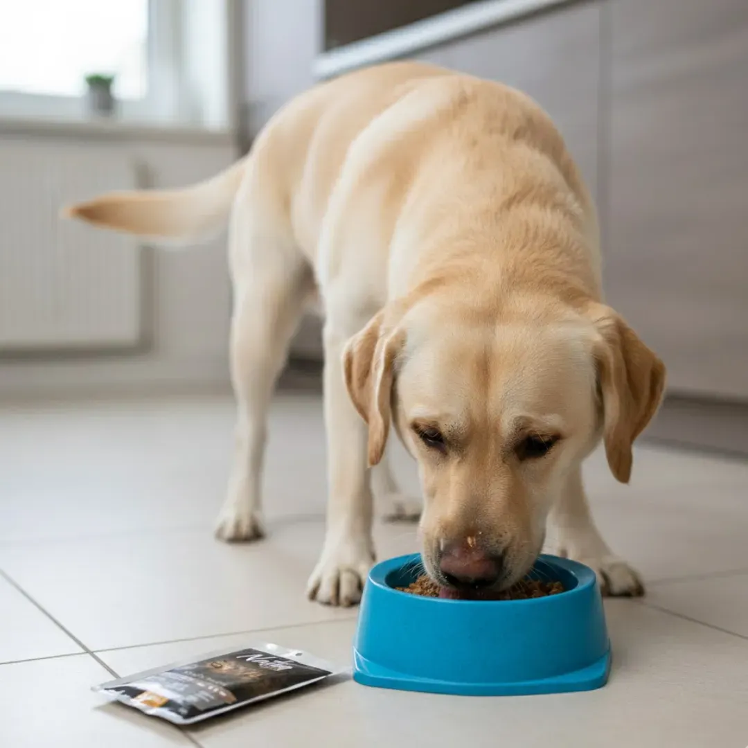 cream labrador eating from blue bowl in kitchen