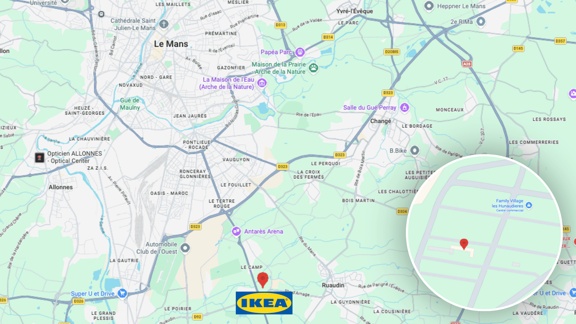 plan de le mans : ikea, a28, gare et commerces