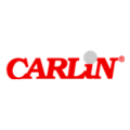 logotipo carlin rojo inclinado con disco gris