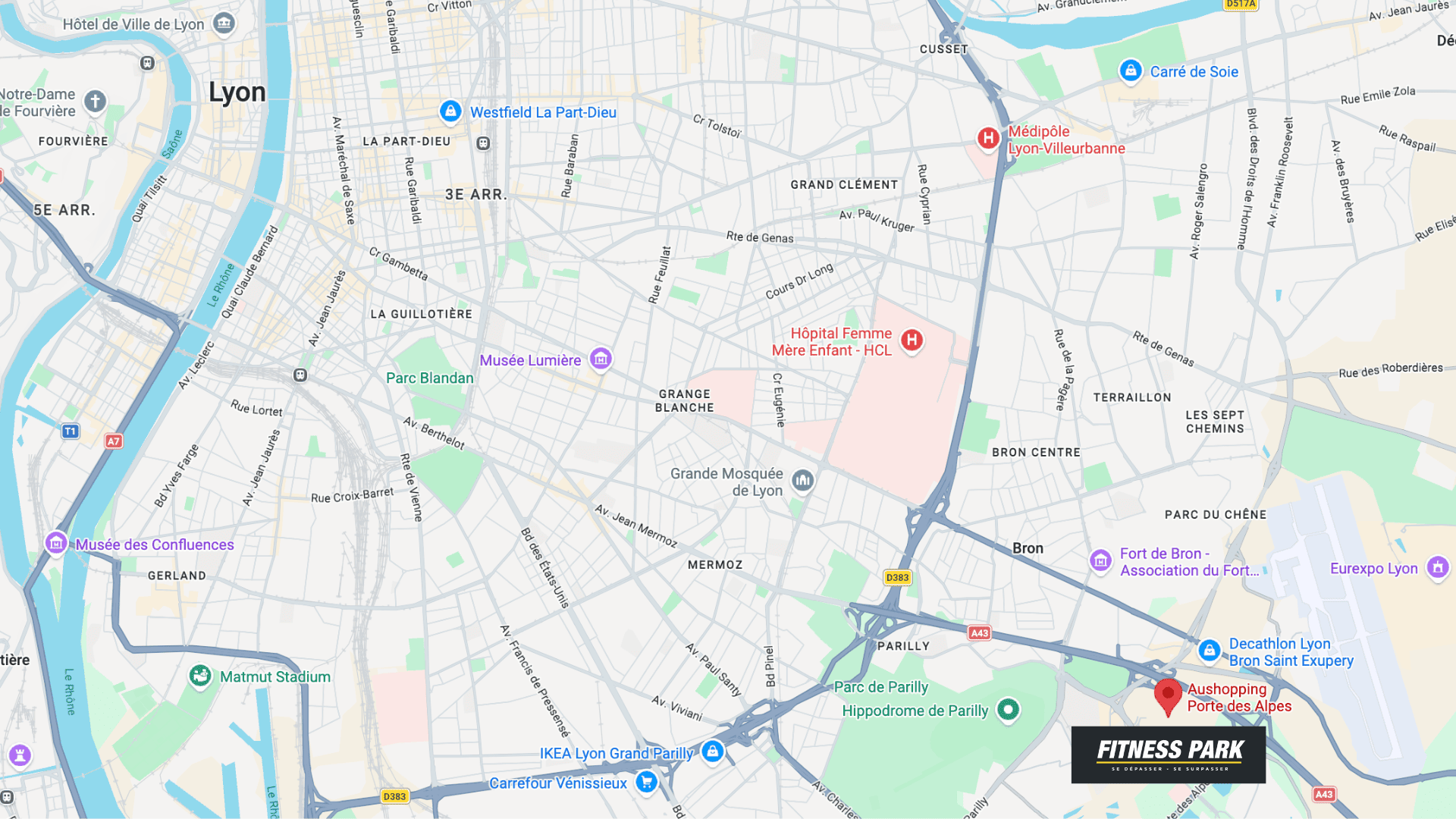 carte est de lyon: part dieu, hôpitaux et a43/a46