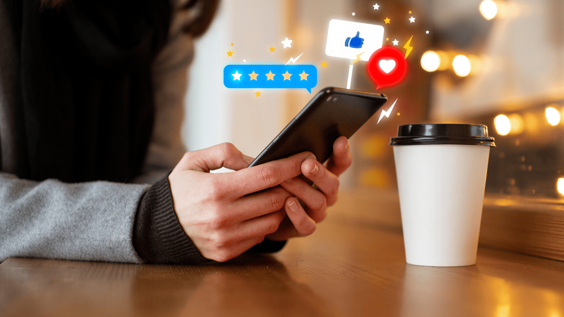 manos con móvil en café y redes sociales
