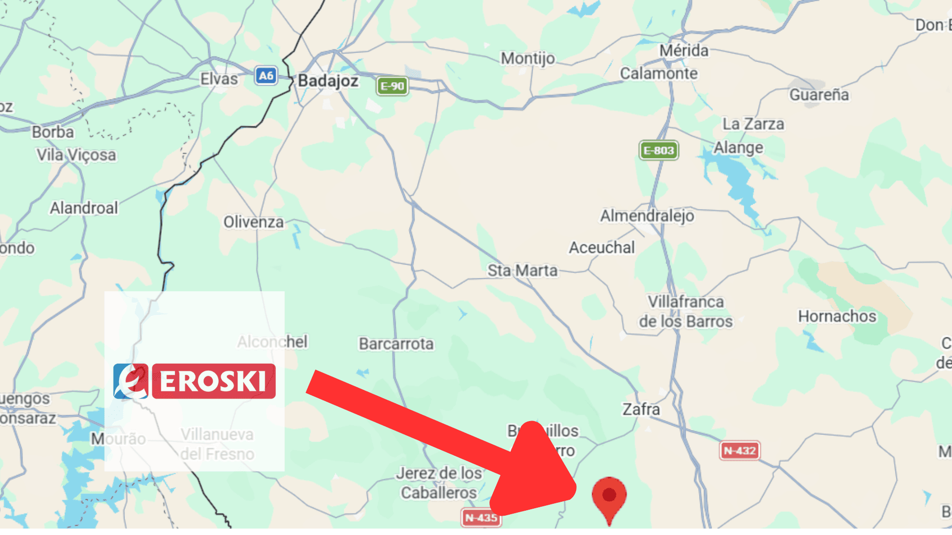 mapa de extremadura con eroski y marcador rojo