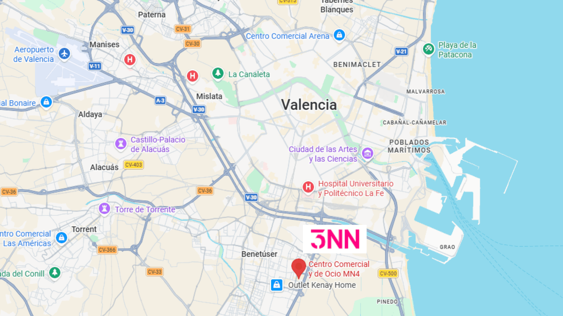 mapa de valencia: costa, aeropuerto y ciudad de las artes