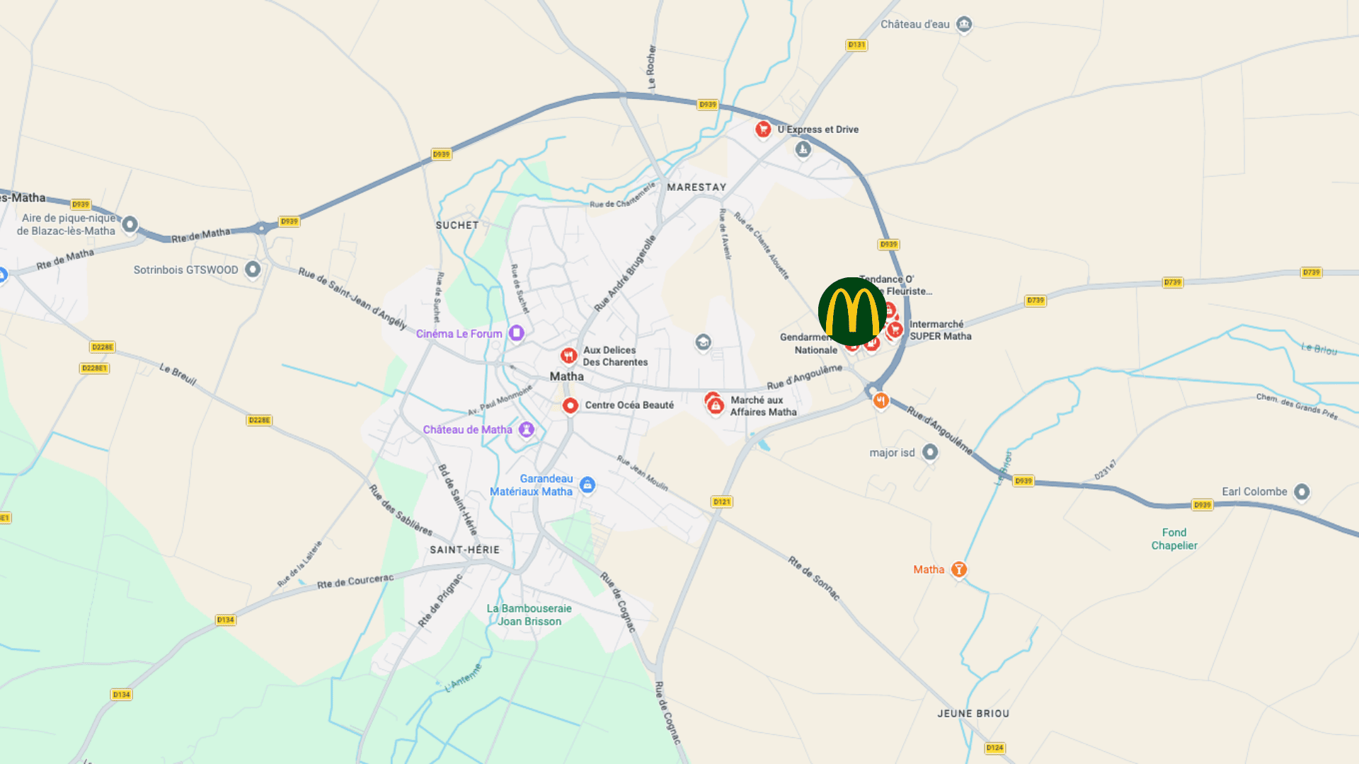 plan de matha : commerces, routes et château