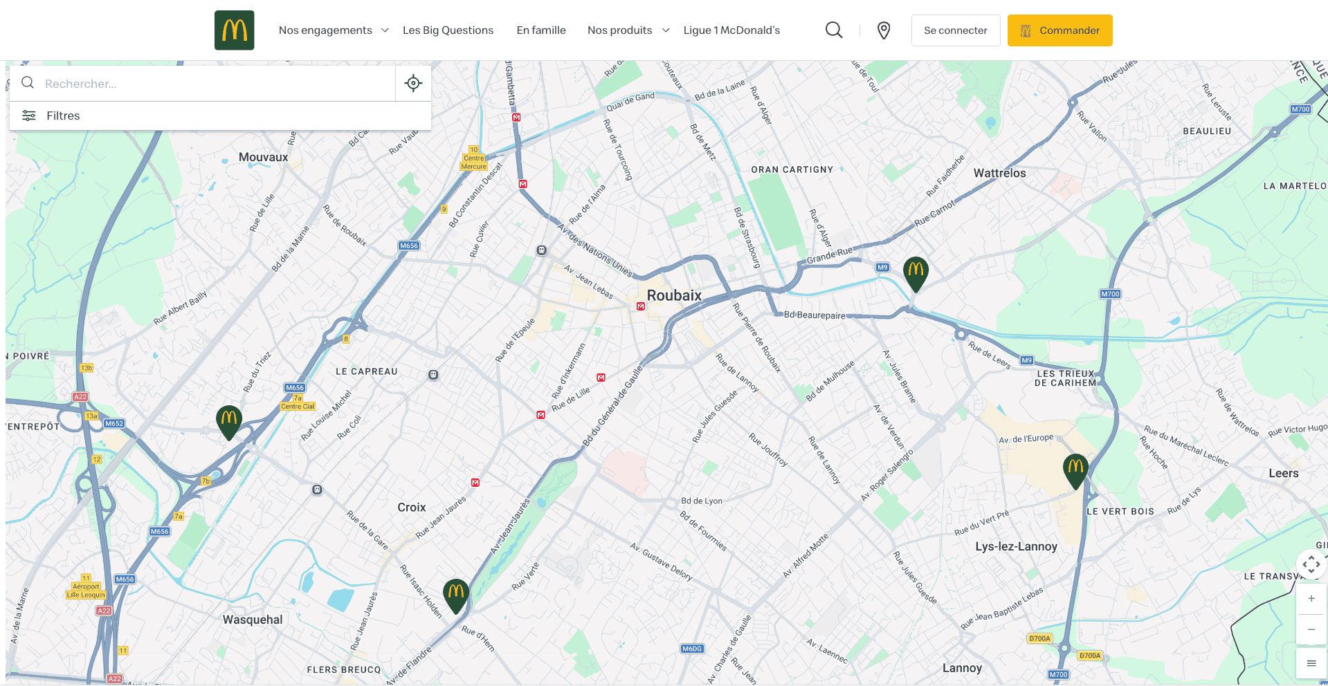 carte des mcdonalds à roubaix et alentours