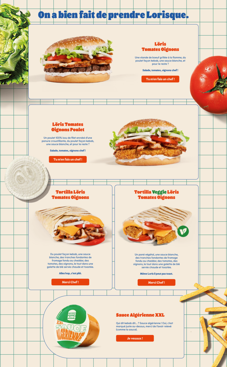 burgers, tortillas végétariennes & sauce algérienne xxl