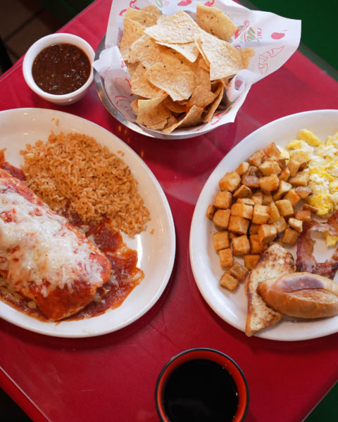 mexican breakfast plate with chips, salsa and eggs