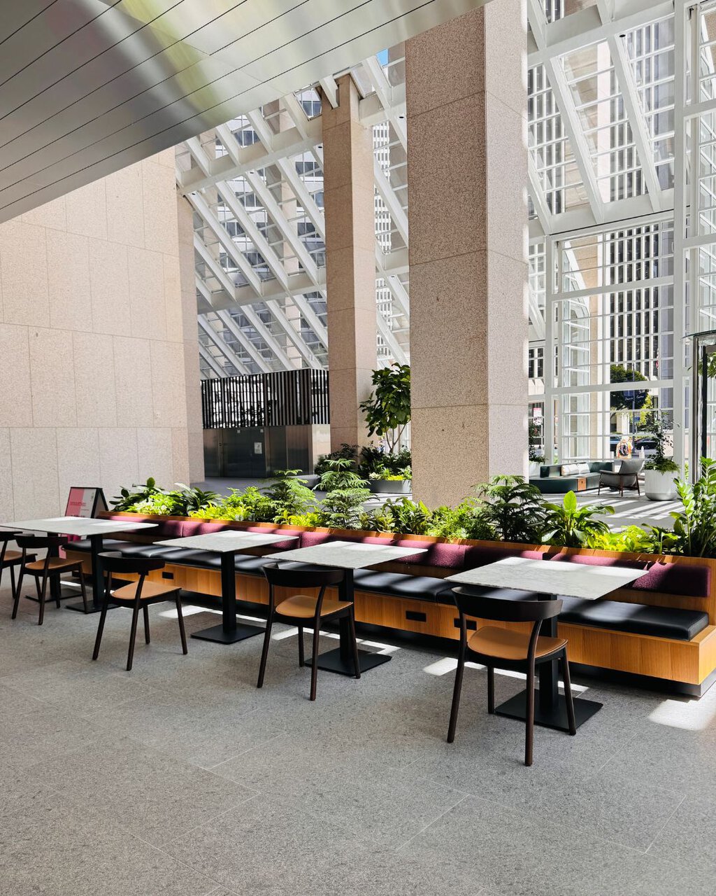 modern atrium café seating with indoor plants