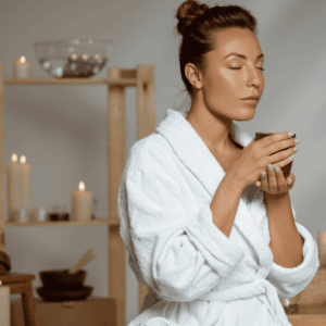 mujer en bata de spa y velas