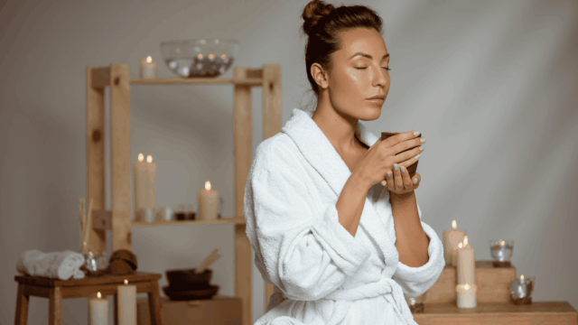 mujer en bata de spa y velas