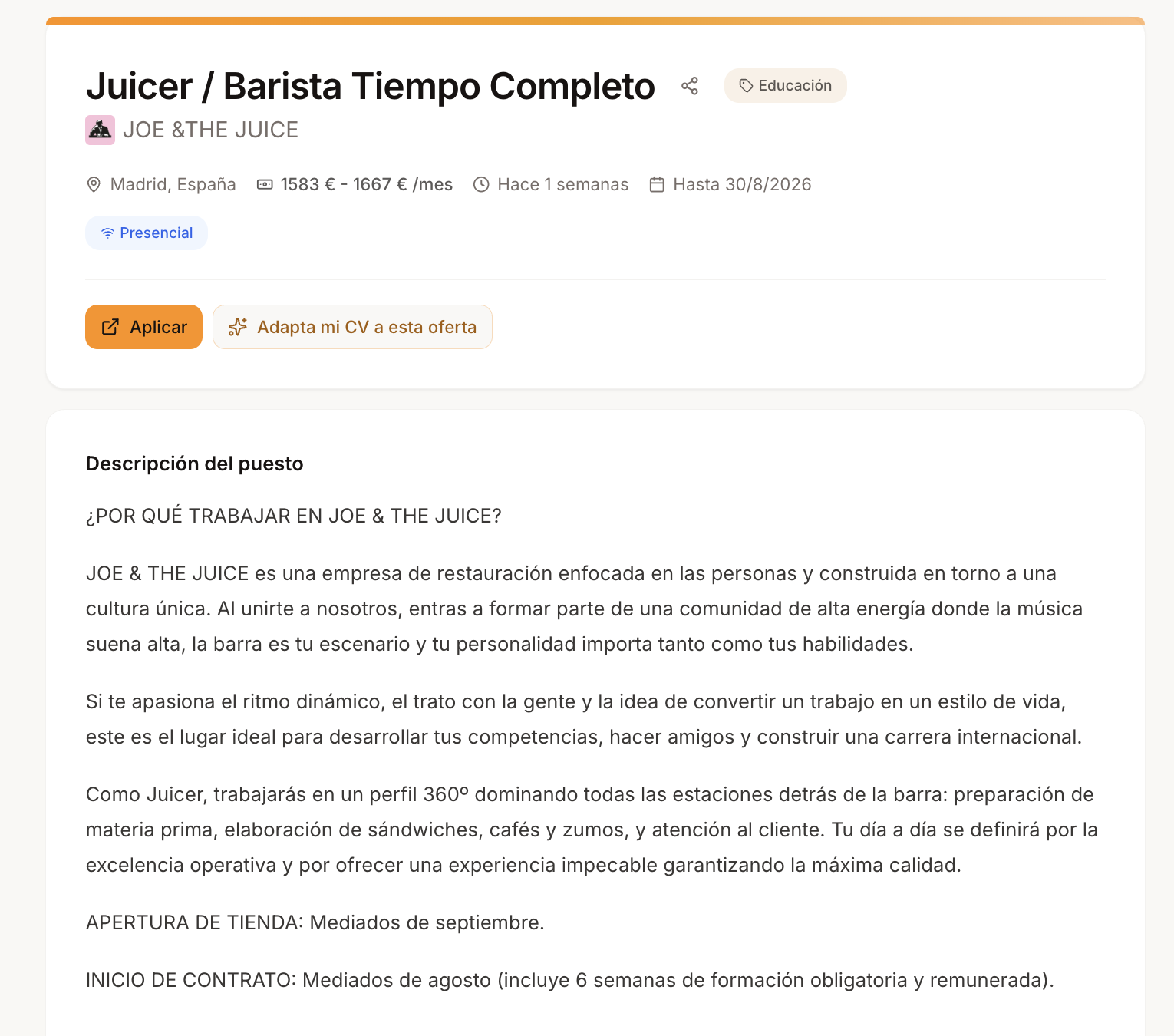 oferta: juicer/barista tiempo completo en madrid