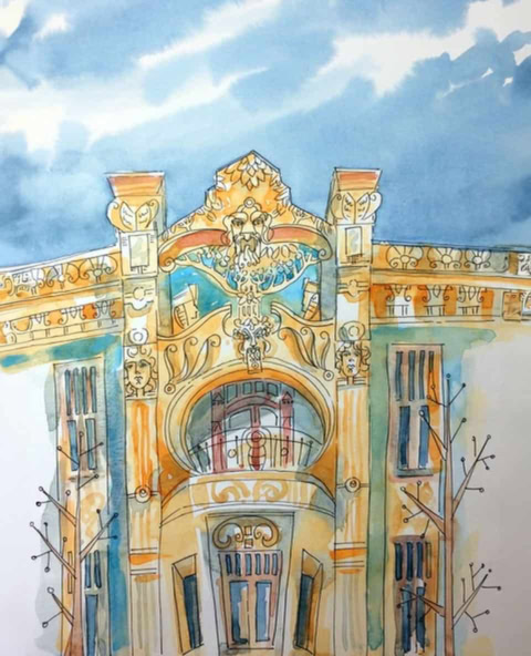 ornate facade watercolour with mascaron and balcony