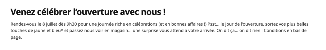 ouverture 8 juillet à 9h30 — fête et promos