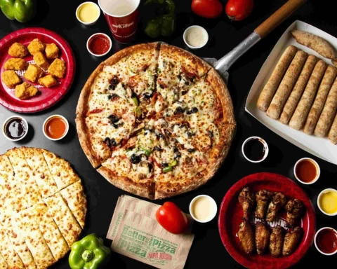 pizza papa john’s con salsas y acompañamientos