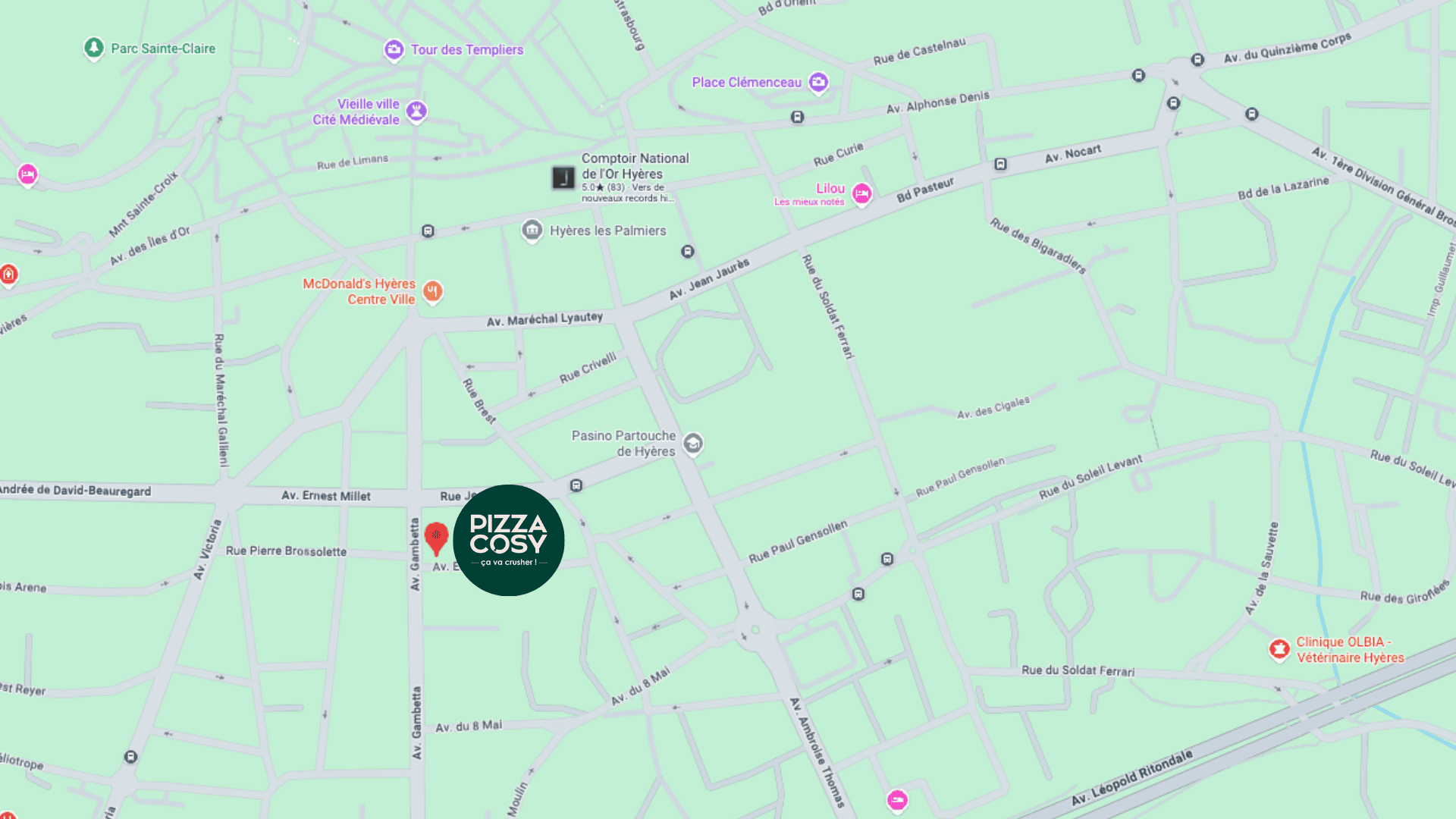 plan du centre‑ville de hyères avec pizza cosy