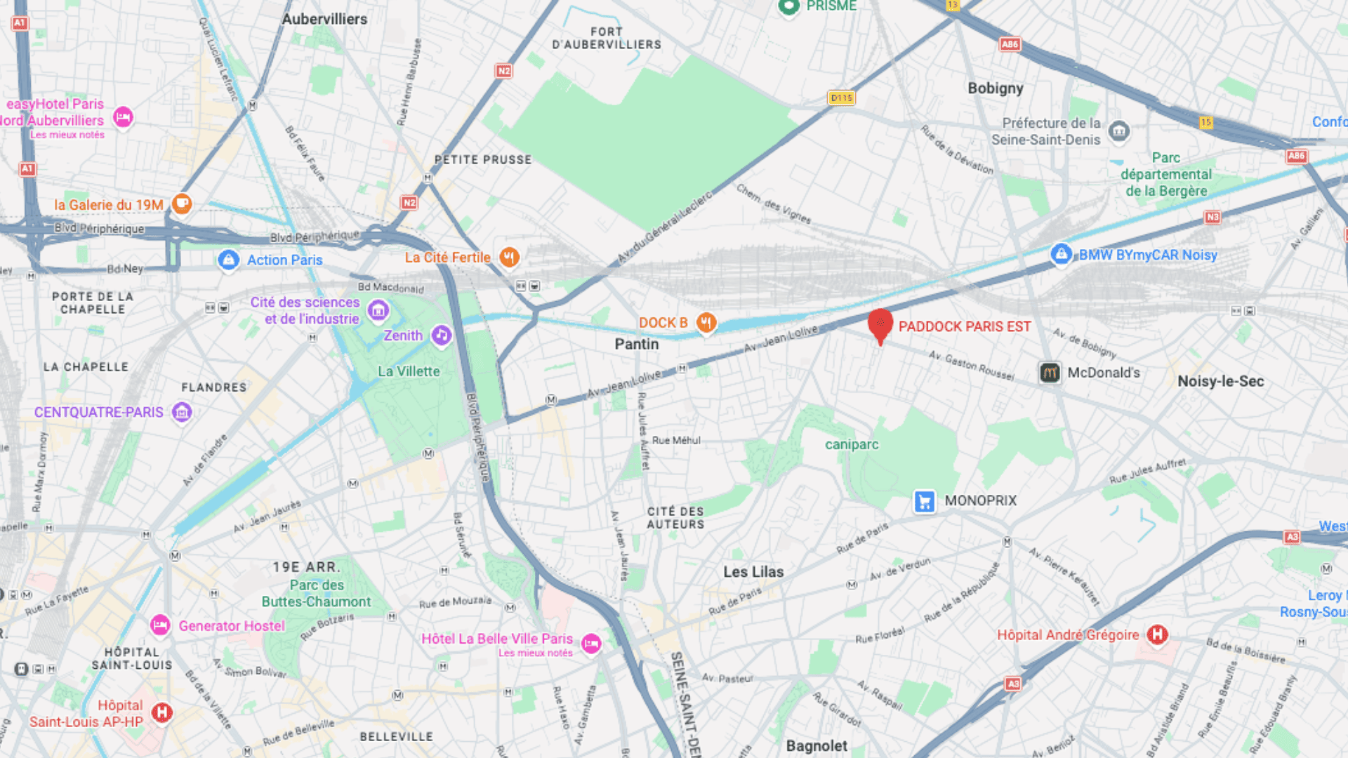plan paris est : parc de la villette et voies ferrées