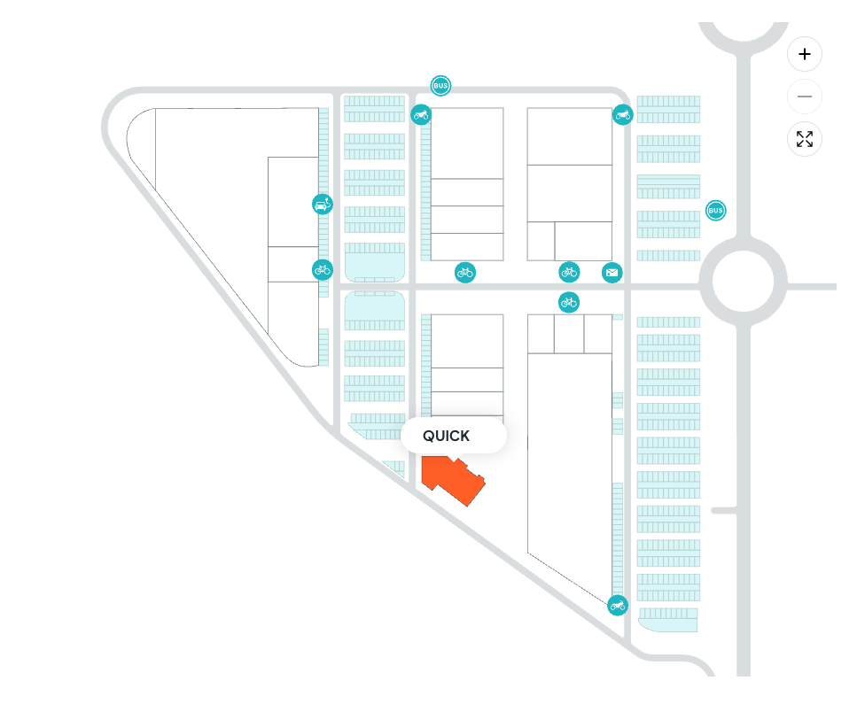 plan triangulaire : parkings, bâtiment quick et transports