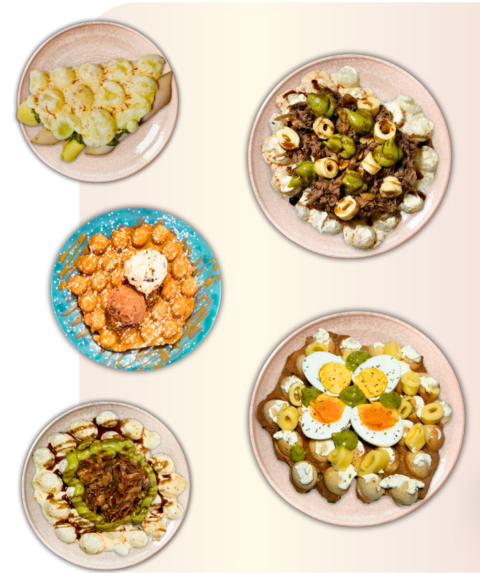 collage de platos gourmet y postre vista cenital